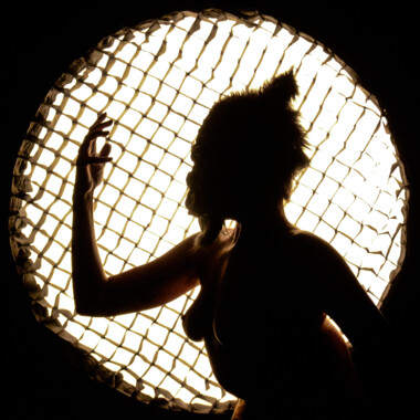 Eine Szene aus dem Stück MONGA von Jéssica Teixeira: Das Foto zeigt Jéssica Teixeira seitlich vor einer Studioleuchte mit Softbox Grid stehen. Es sind nur ihre Konturen erkennbar. Auf dem Kopf trägt sie eine Gorullamaske. Sie hält einen Arm, leicht angewinkelt, hoch, sodass ihre Hand auf Augenhöhe ist. 