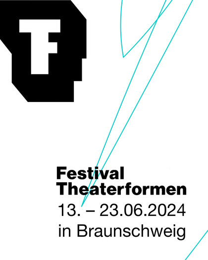 A white tile with a turquoise blue scratch. Above it in black letters the following text: Festival Theaterformen, 13 - 23 June 2024 in Braunschweig.