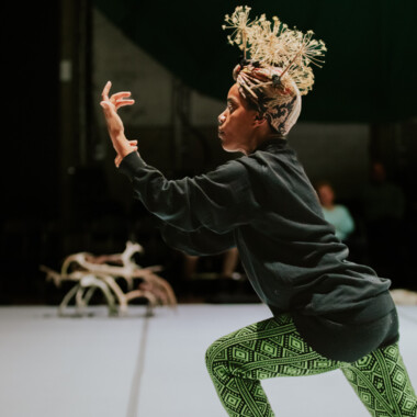 Stage situation. A person with a headdress performs.