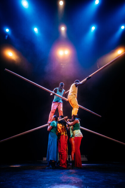Eine Gruppe von Artist:innen in bunten Kostümen auf der Bühne. 4 bilden die Basis, 2 stehen auf deren Schultern. In ihren Händen halten sie lange Stangen. Die Szene ist von farbigem Bühnenlicht beleuchtet. 