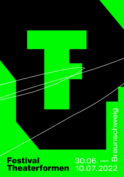 Neongrüne Fläche mit großem schwarzem Theaterformen-Logo im Mittelpunkt. In weißer Schrift am rechten unteren Bildrand die Festivaldaten.
