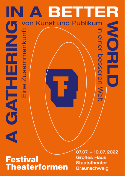 Eine orangefarbene Farbfläche. Im Mitelpunkt in dunkelblauer Farbe das Theaterformen-Logo. Ringsum der Schriftzug A GATHERING IN A BETTER WORLD – Eine Zusammenkunft von Kunst und Publikum in einer besseren Welt. Rechts unten die Spieldaten: 07. – 10.07. 2022 im Staatstheater Braunschweig. 