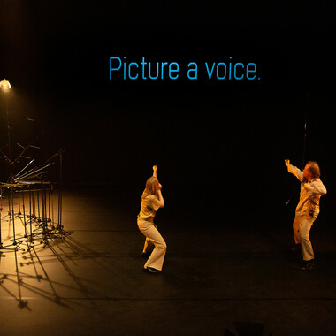 Image description by the editorial staff of Festival Theaterformen. Self-description of the depicted persons follows. / A theatre stage with a projection on a big screen of the phrase "Picture a voice." in blue font. Two people are pointing to the writing on the wall with their backs turned to the audience. On the left, microphone stands are arranged in a circle.