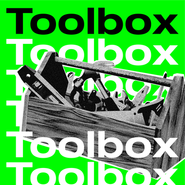 A wooden, gray toolbox against a neon green background. The image is filled with the word "Toolbox" once in black letters at the top and five times in white letters below. Part of the writing is covered by the toolbox.